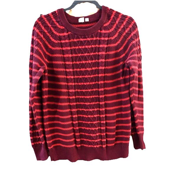 Gap Women’s Sweater Cable Diamond Knit Maroon Red Stripe Large Preppy - Picture 1 of 7